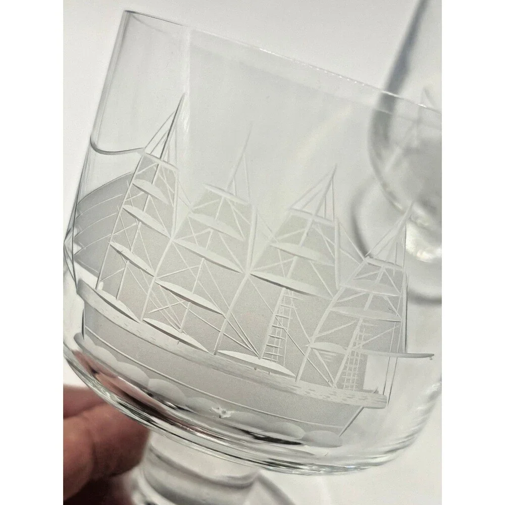 Vintage Crystal Whiskey Glasses Toscany Etched Clipper Ship Nautical Tumbler (2)